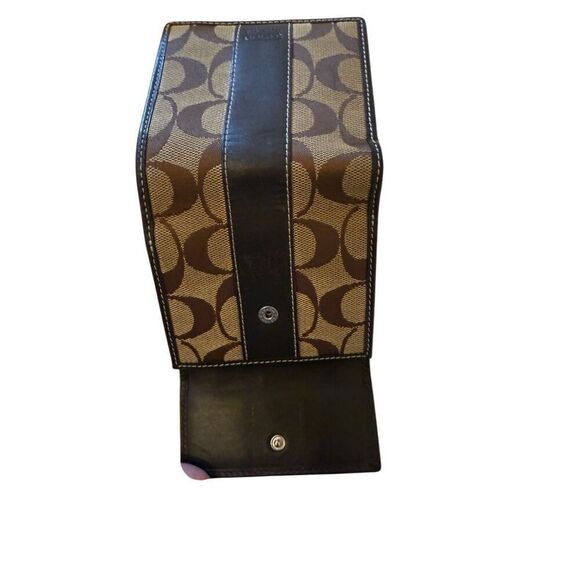 Coach Womens Brown Signature C Logo Leather Canvas Card Snap Bifold Wallet Small - Picture 10 of 10